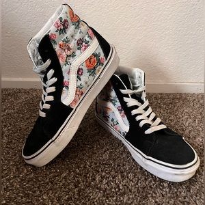 High top Vans- size 7 women’s. Flora pattern, slightly worn.